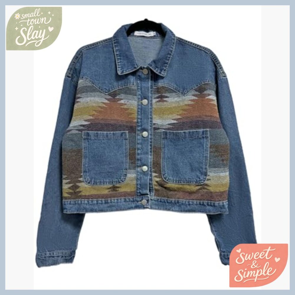 Cropped Denim Jacket with Tribal Patchwork Design… - image 7